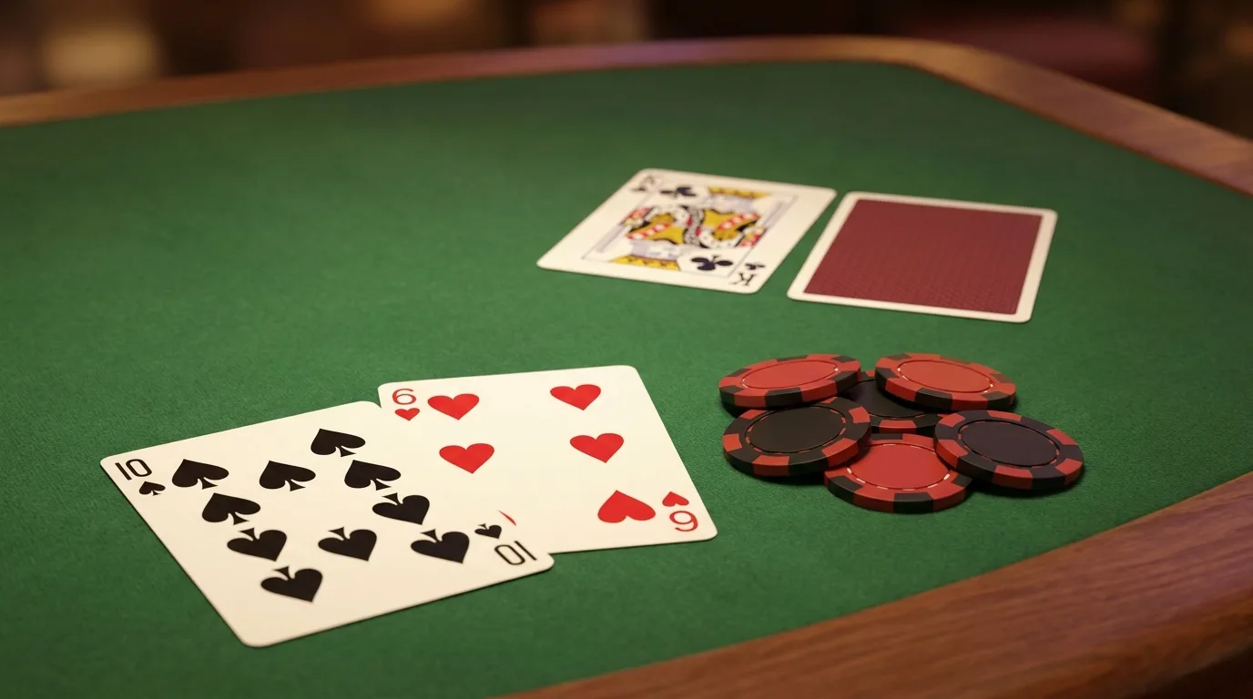 A hard 16 (ten and six) against a dealer king on a blackjack table, with the hole card face down