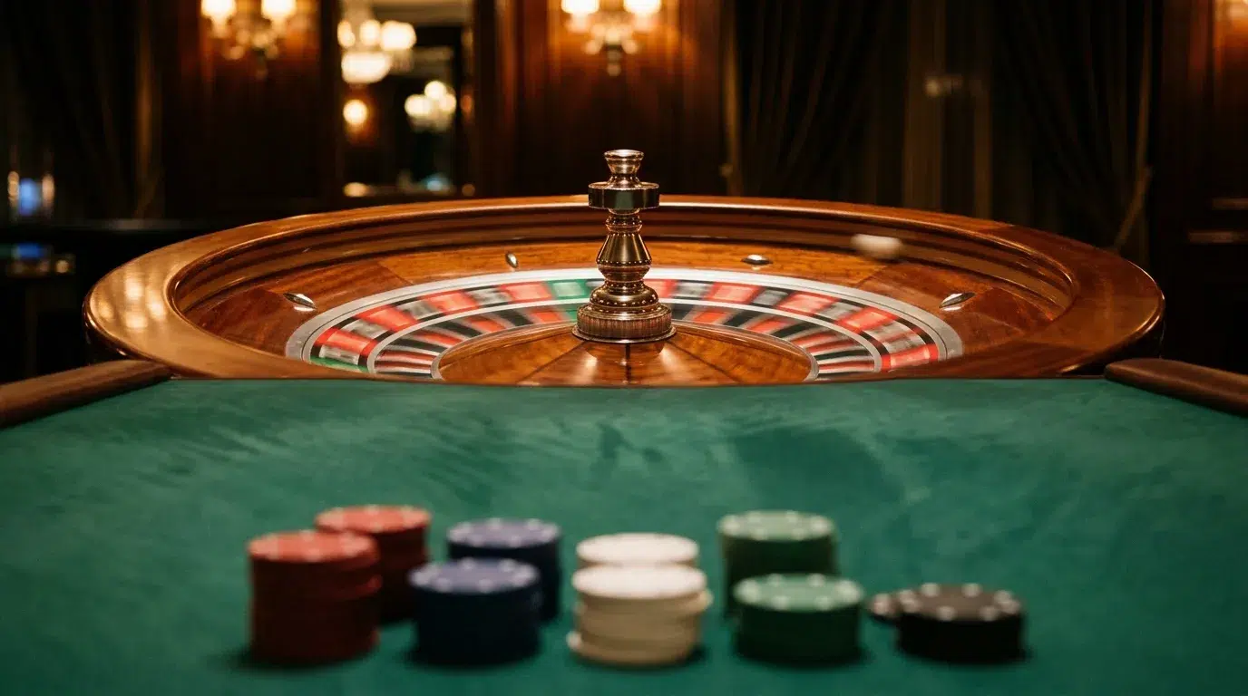 A roulette wheel spinning at the head of a green felt roulette table, with stacks of chips in the foreground