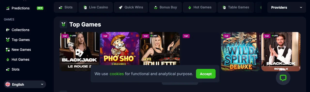 Bets.io casino games lobby showing live and slot titles