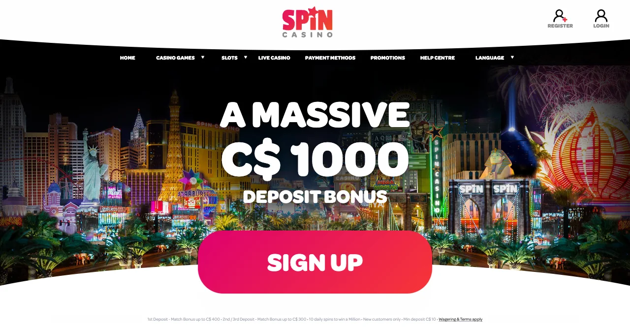 Spin Casino homepage showing its welcome deposit bonus