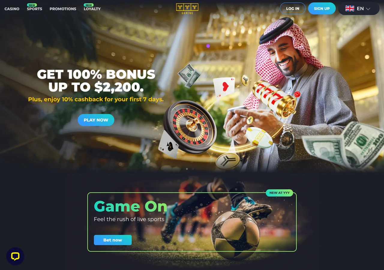 YYY casino homepage showing its $2,200 welcome bonus and Arab-market branding