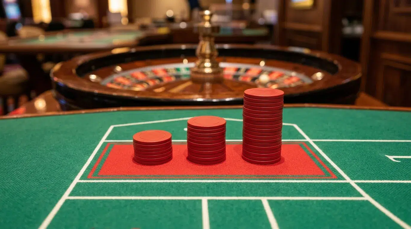 Three stacks of red chips of increasing height on the red box of a roulette table, with the wheel behind