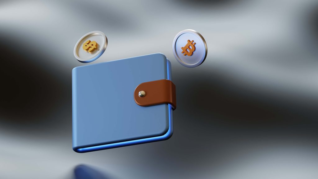 Dolar and Bitcoin coins and a wallet