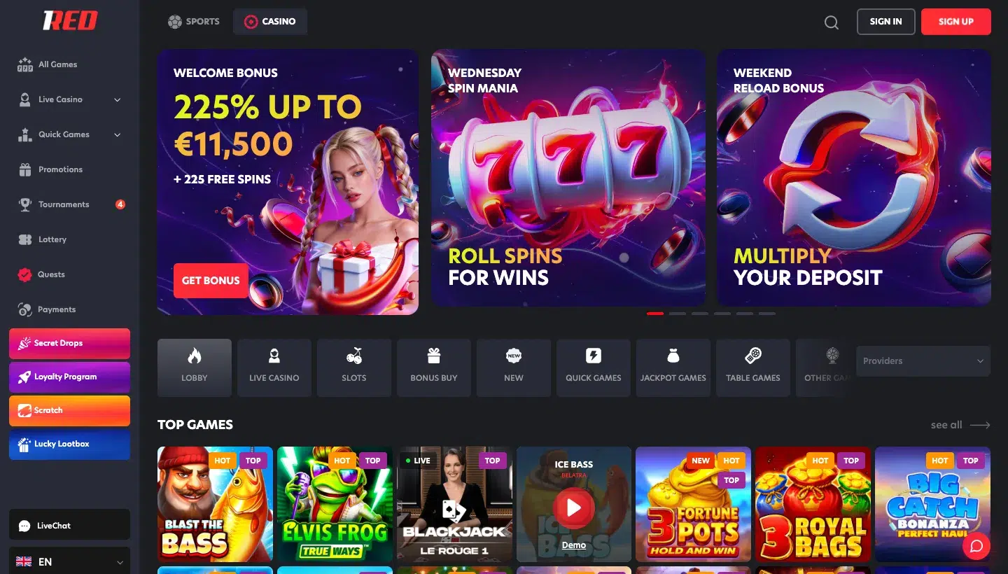 1Red casino lobby showing the welcome bonus banner and game categories
