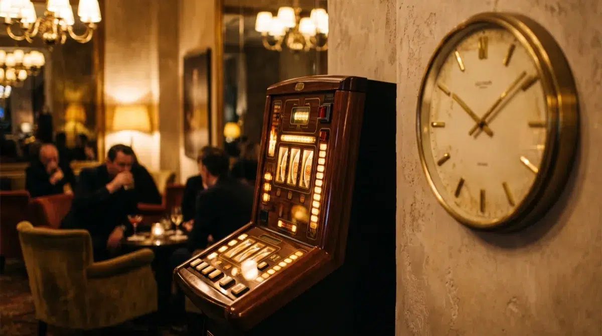 Glowing slot machine beside a wall clock in a dim casino, representing timing your play