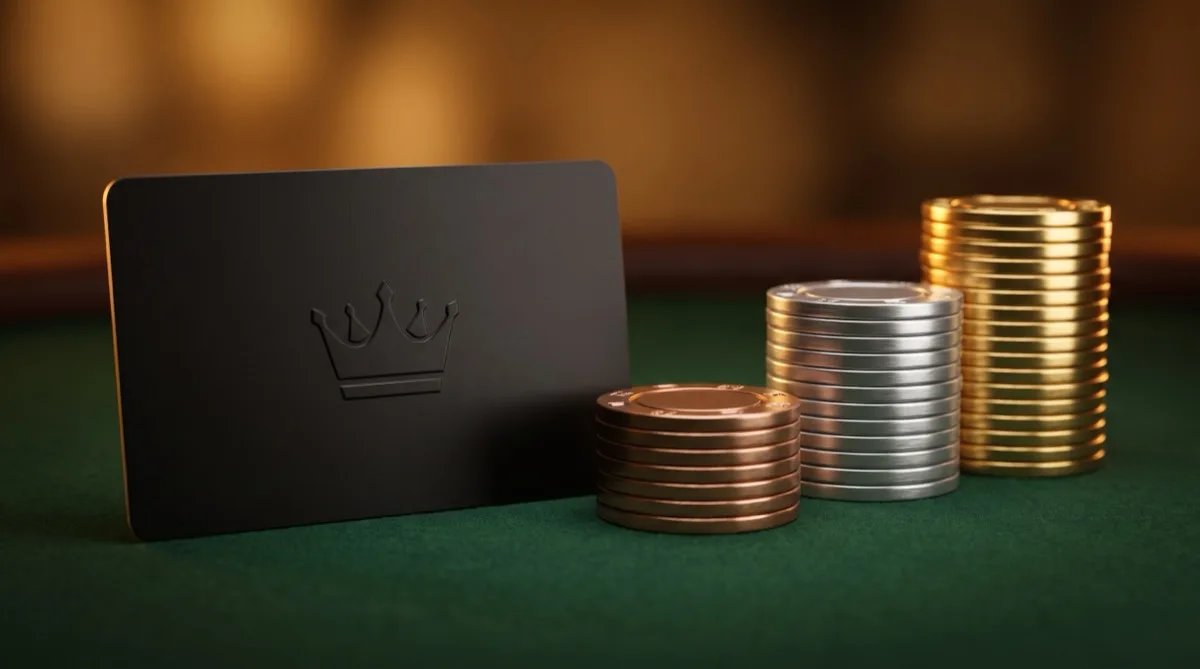 Black VIP casino loyalty card beside bronze, silver and gold chip stacks representing loyalty programme tiers