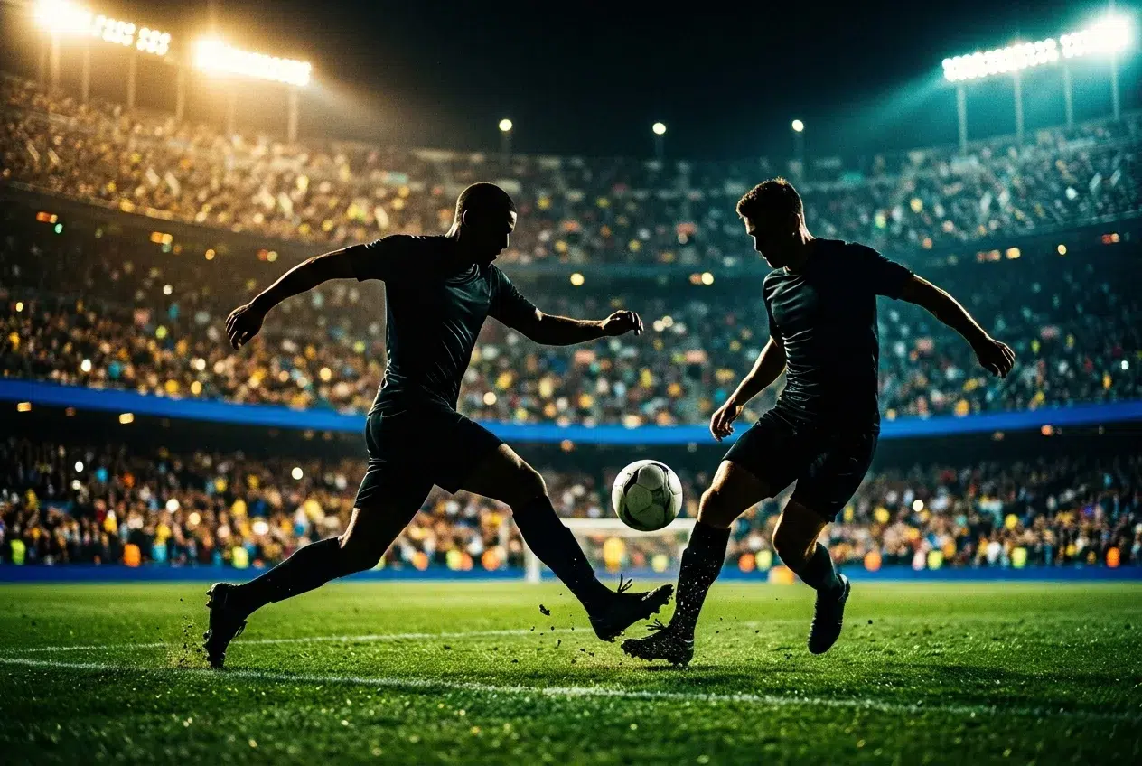 Football players in action at a night match