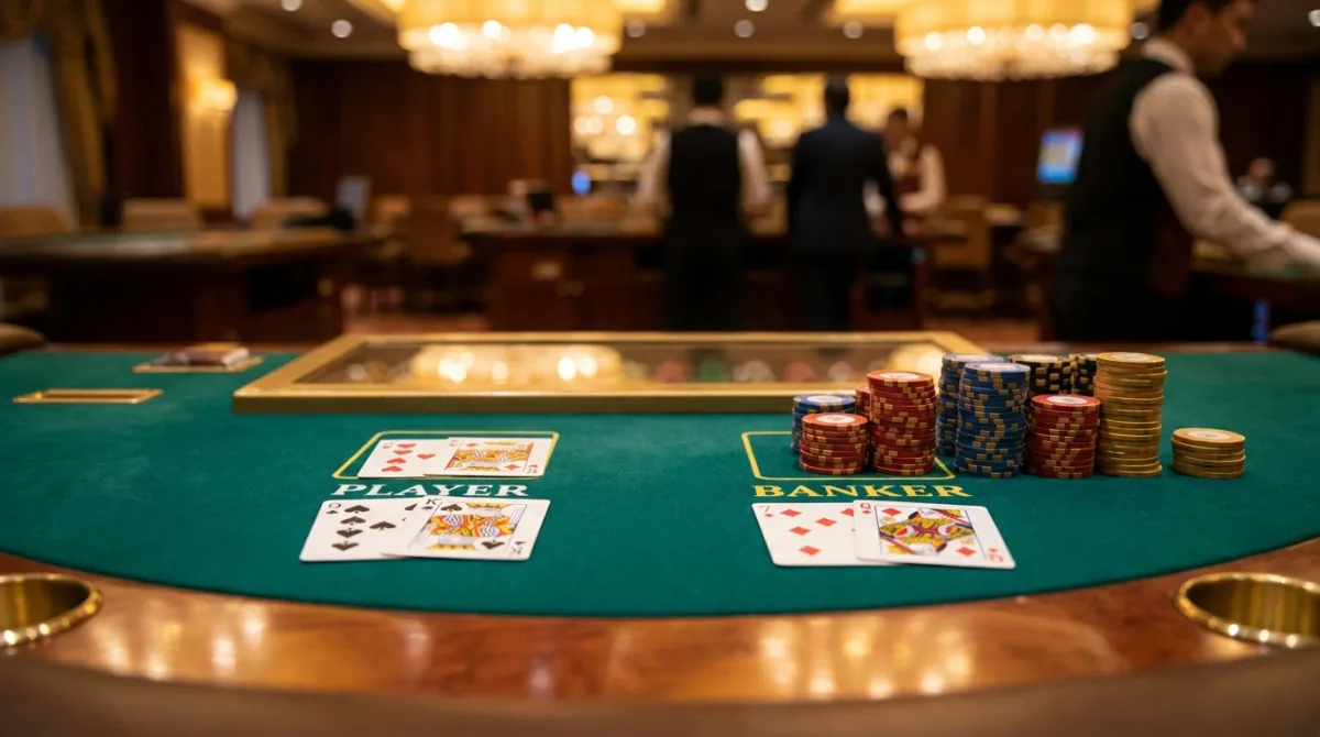 Baccarat table with the Player and Banker hands dealt and casino chips