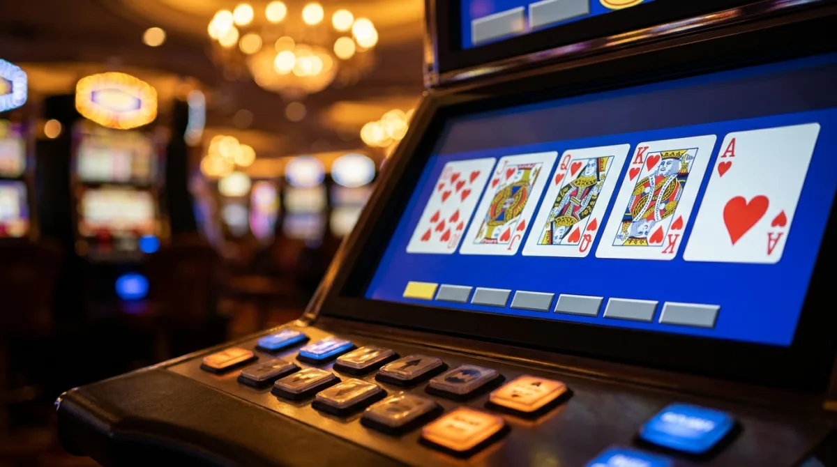 Video poker machine screen displaying a royal flush in hearts