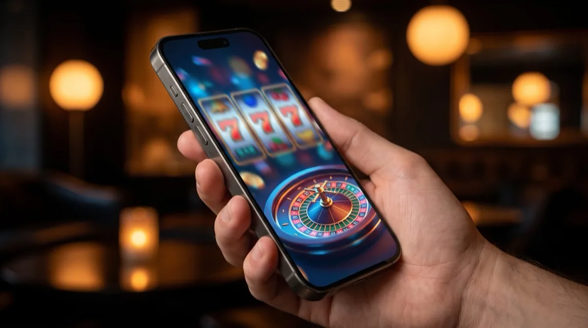 Hand holding a smartphone running a casino app with slot reels and a roulette wheel