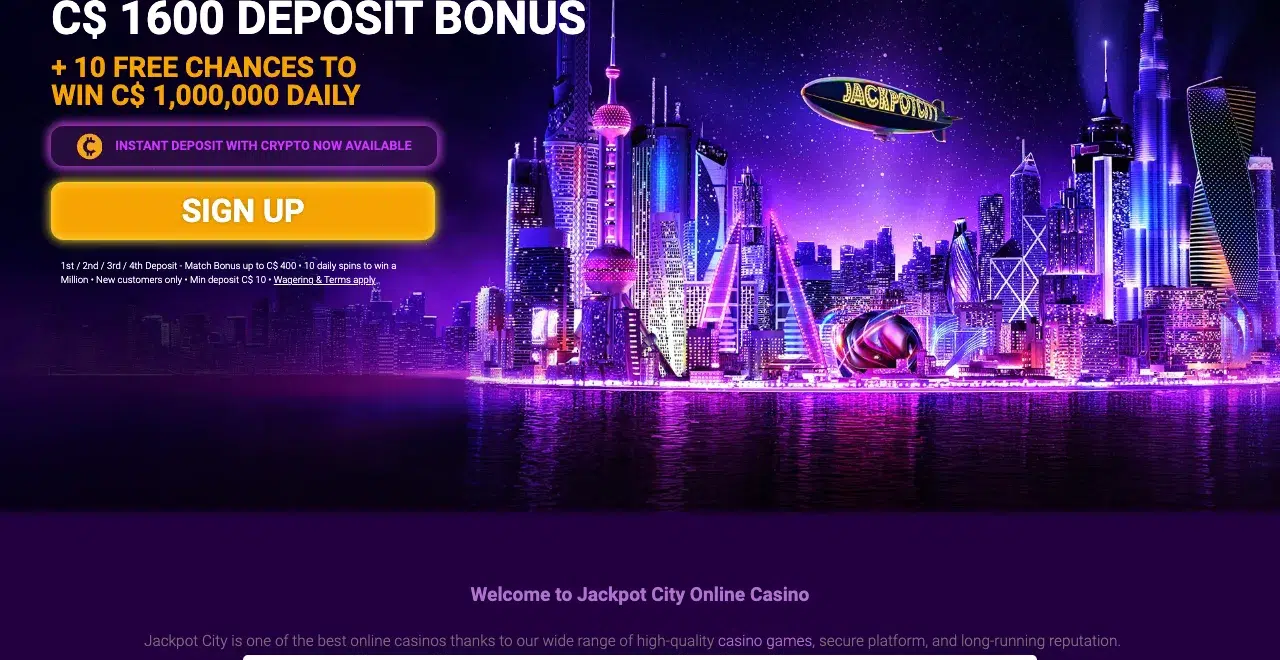 JackpotCity Casino homepage JackpotCity Casino homepage showing its C$1,600 welcome deposit bonus