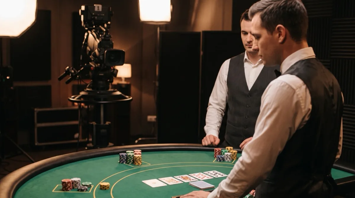 Live-dealer poker studio with a croupier, community cards and chips under broadcast lighting