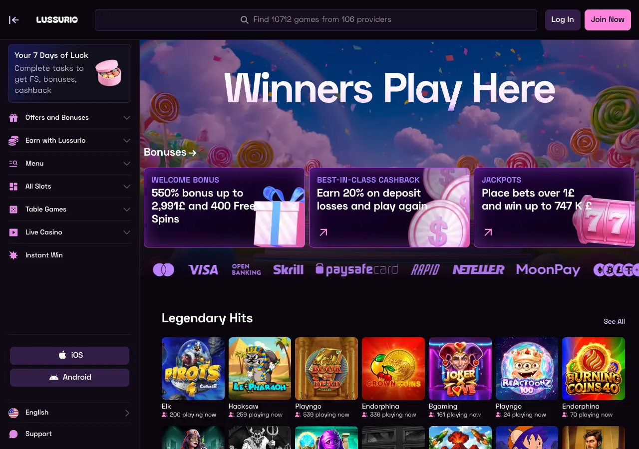Lussurio online casino lobby showing the welcome bonus, cashback and jackpot banners