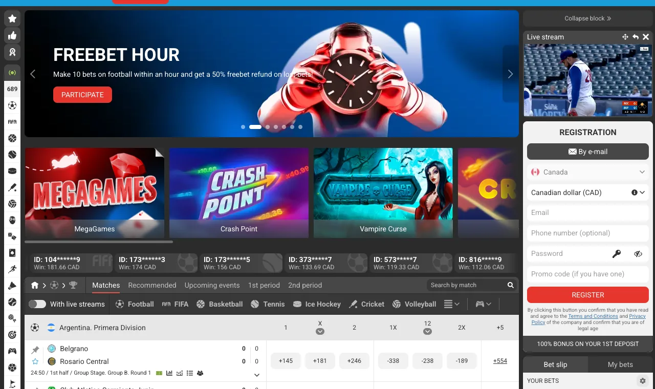 MegaPari homepage MegaPari casino and sportsbook homepage showing its welcome bonus and games