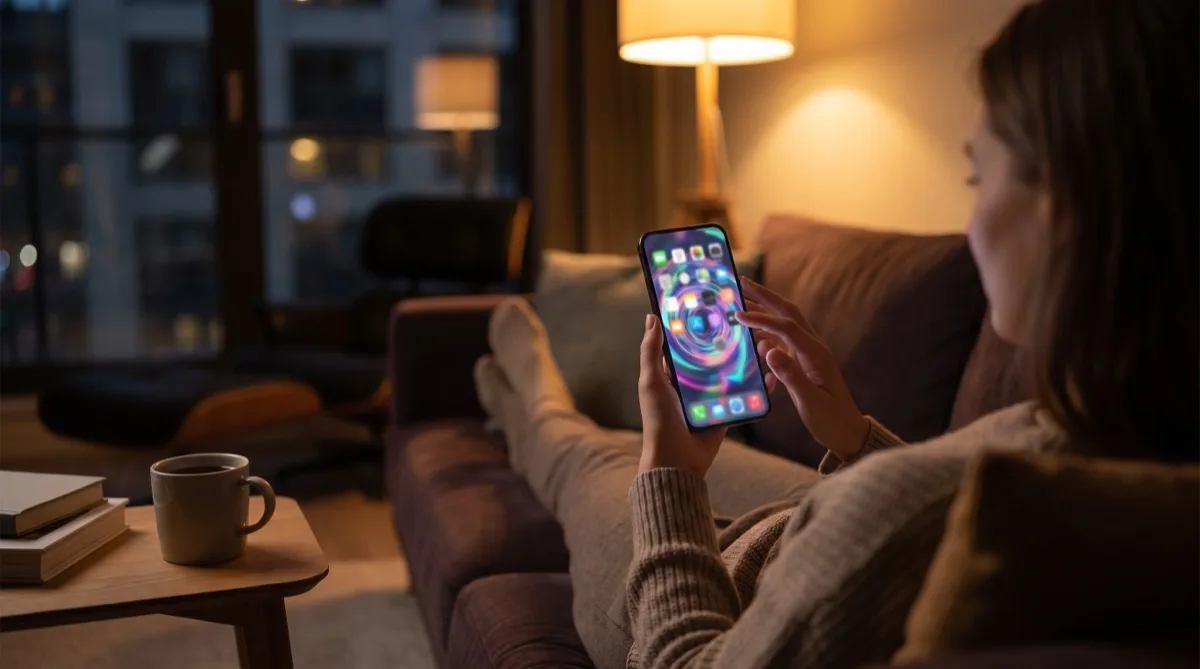 Person relaxing on a sofa playing casino games on a smartphone at night