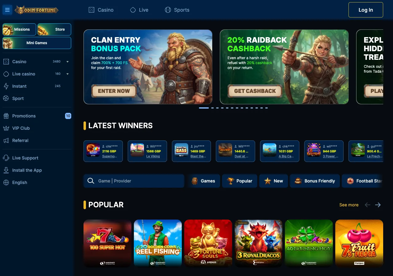 OdinFortune online casino lobby showing the Norse-themed bonus banners and game categories