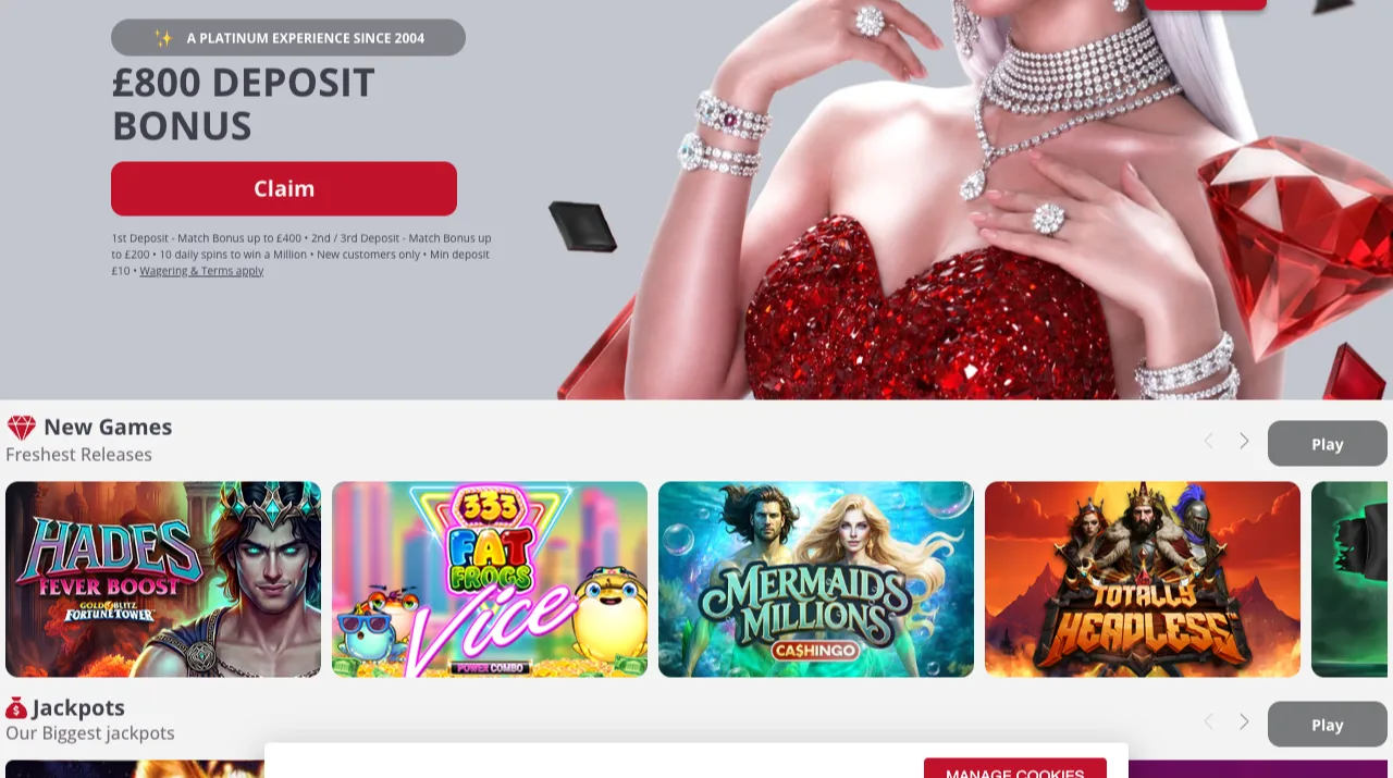 Platinum Play Casino homepage Platinum Play Casino homepage showing its £800 welcome deposit bonus