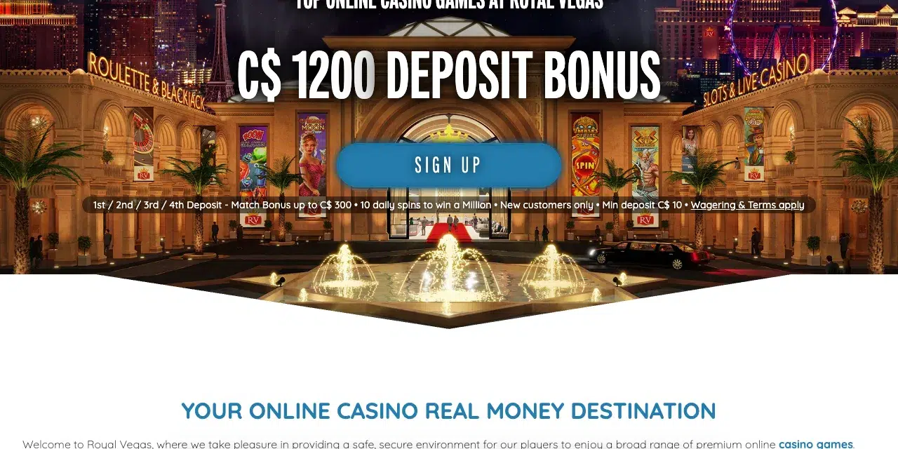 Royal Vegas Casino homepage showing its C$1,200 welcome deposit bonus