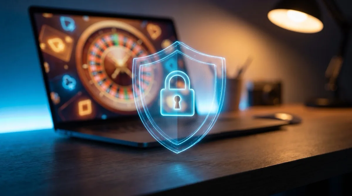 Glowing padlock shield in front of a laptop, representing secure and licensed online casinos
