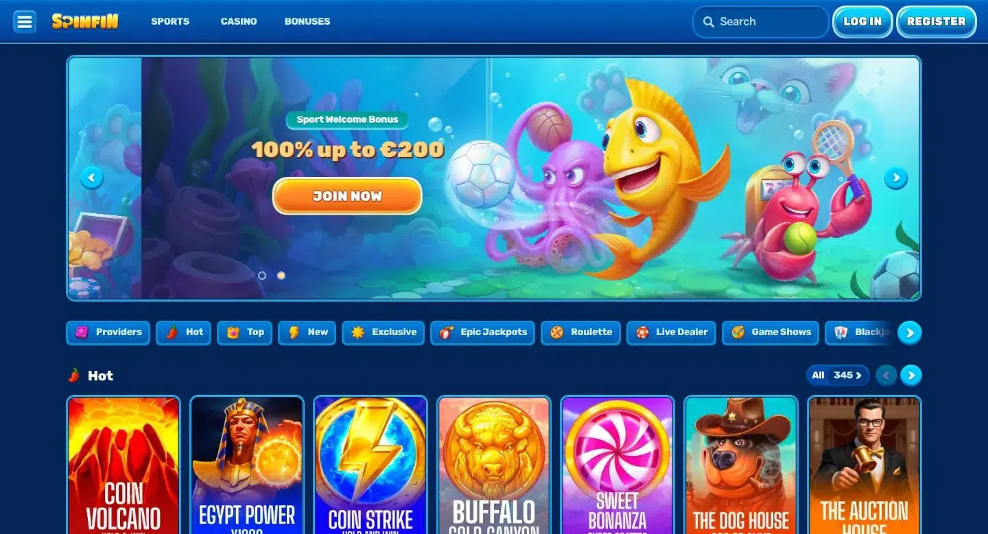 Spinfin casino lobby showing slot games and welcome bonus banner