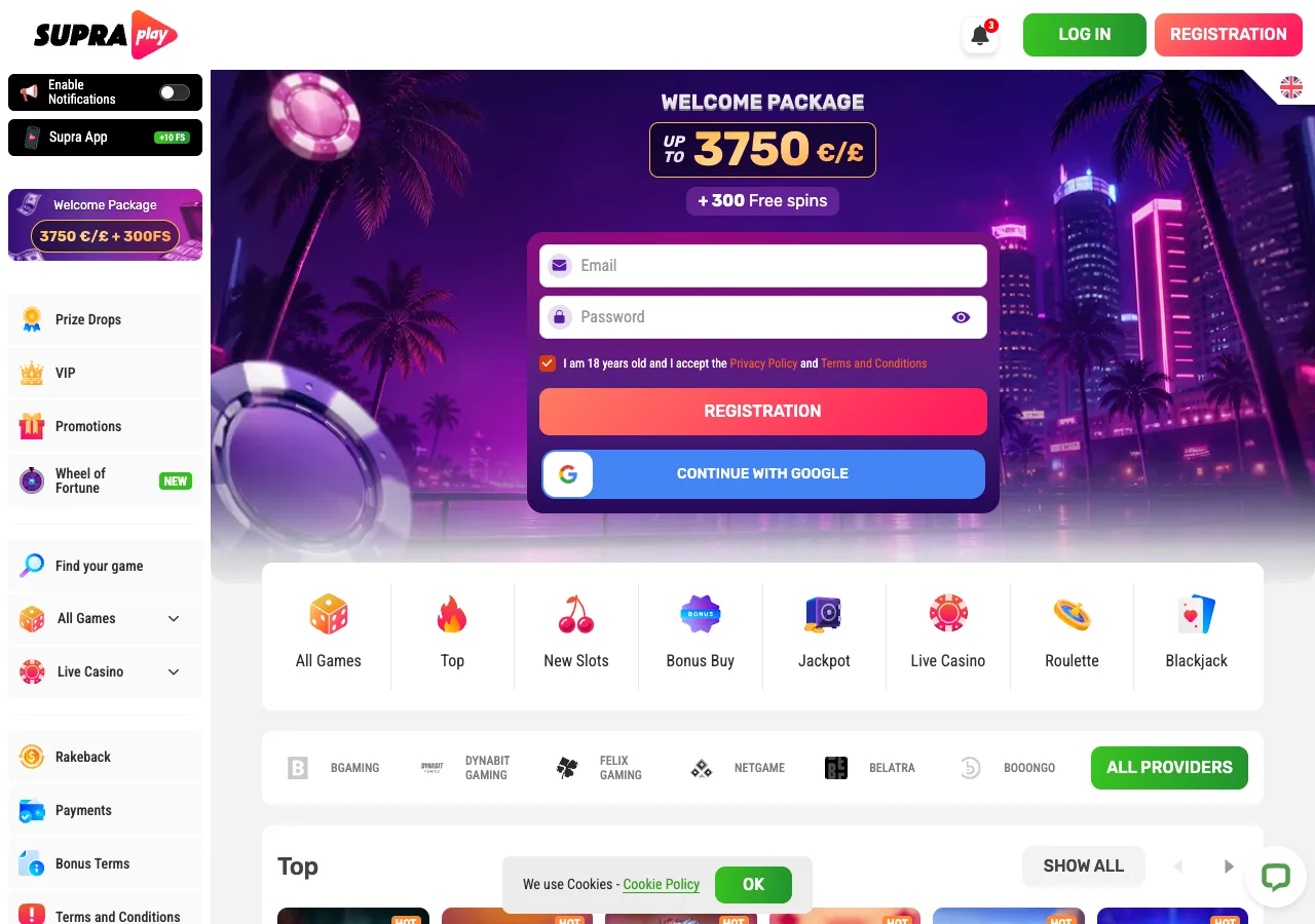 SupraPlay online casino lobby showing the up to 3750 welcome package and game categories