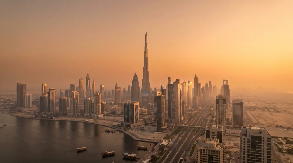 Dubai skyline with the Burj Khalifa at sunset, United Arab Emirates