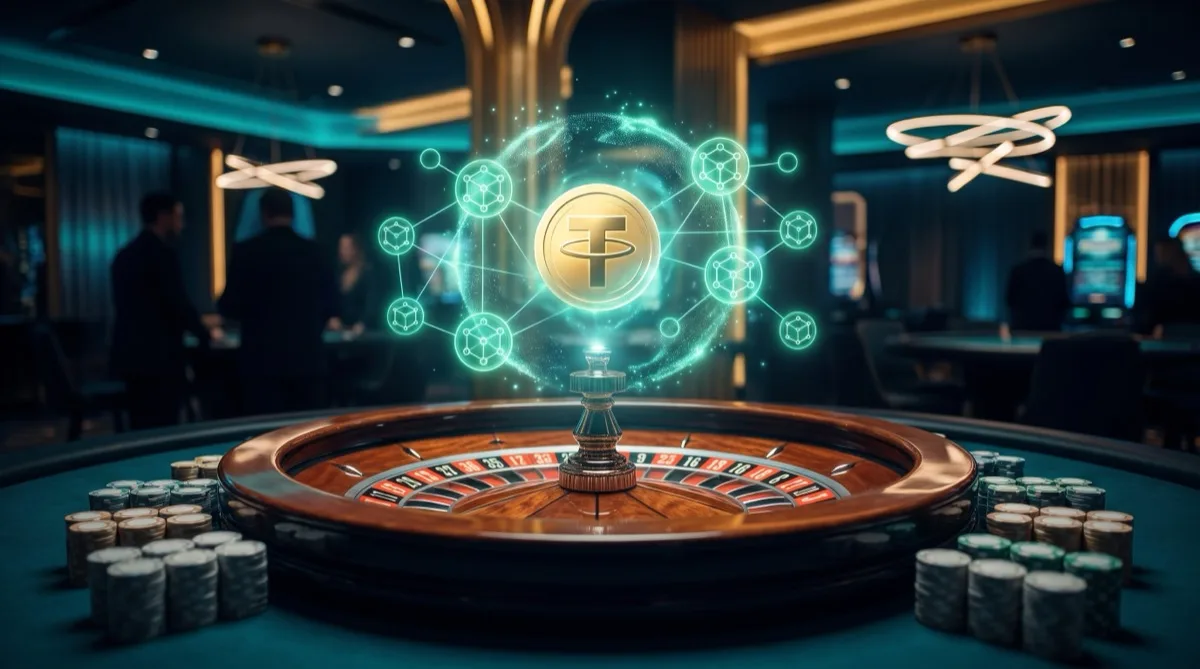 Roulette wheel with a glowing blockchain overlay, representing USDT crypto roulette sites