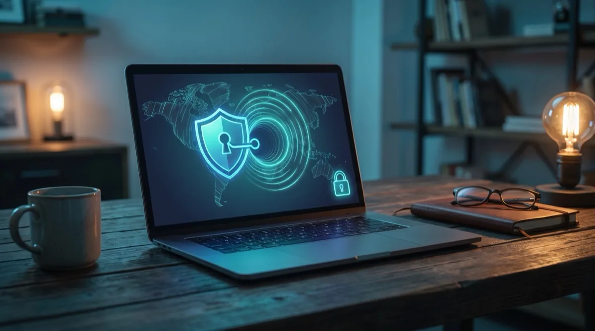 Laptop showing an encrypted VPN tunnel and padlock over a world map