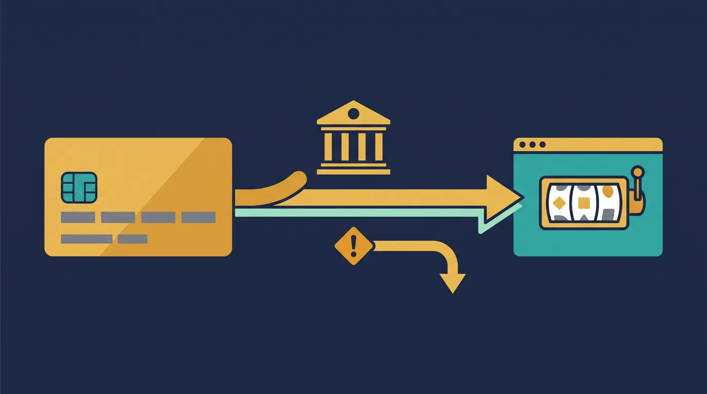 How a card deposit travels from the card through the issuing bank to the casino cashier, with a branch showing where a payment can be declined