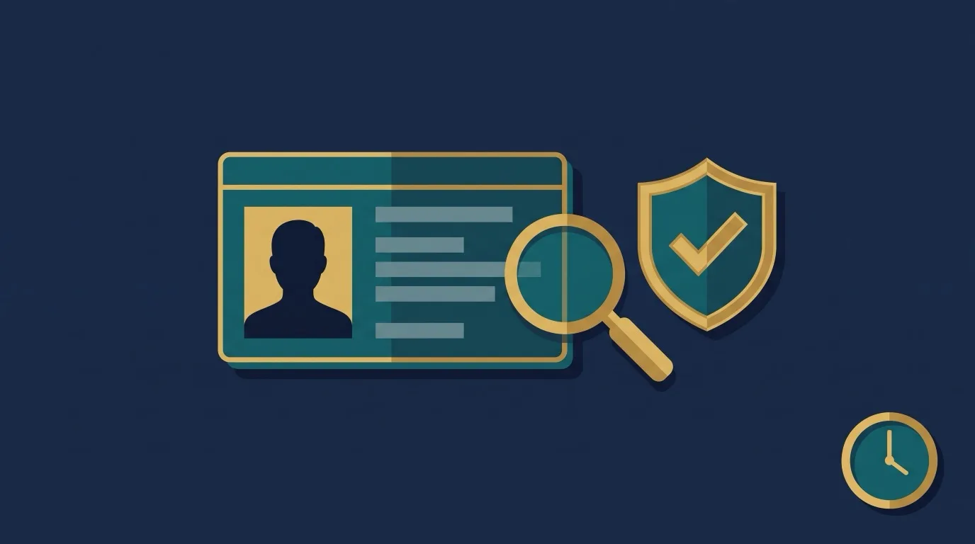 Illustration of identity verification: an ID document under a magnifying glass beside a shield with a tick