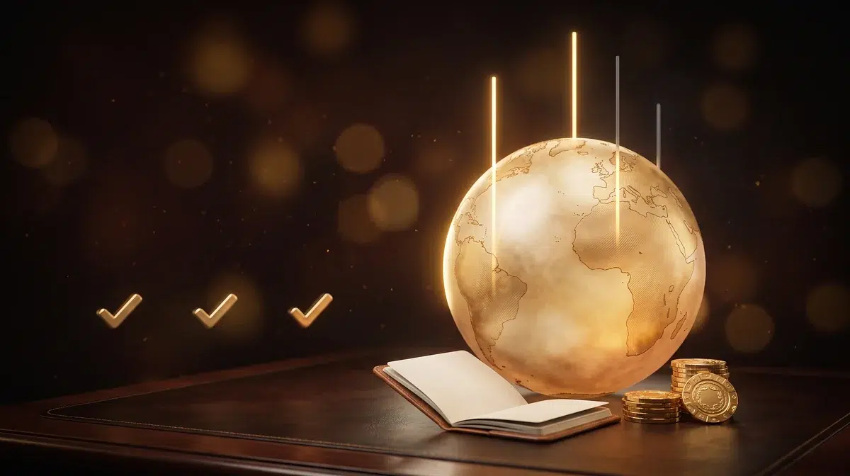 A golden globe beside an open booklet and casino chips, representing checking whether a casino accepts players from your country