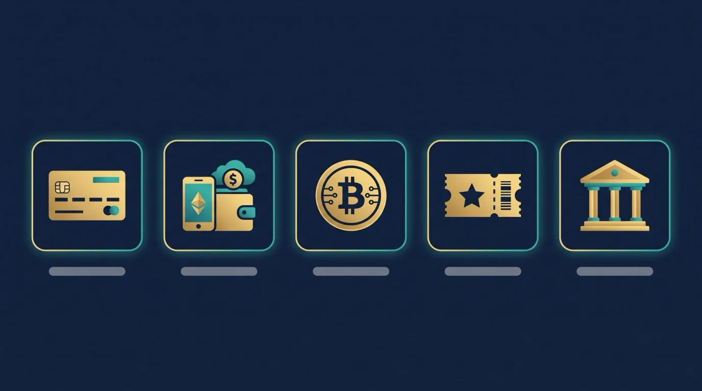 Icons for the five casino payment categories: cards, e-wallets, cryptocurrency, prepaid vouchers and bank transfers