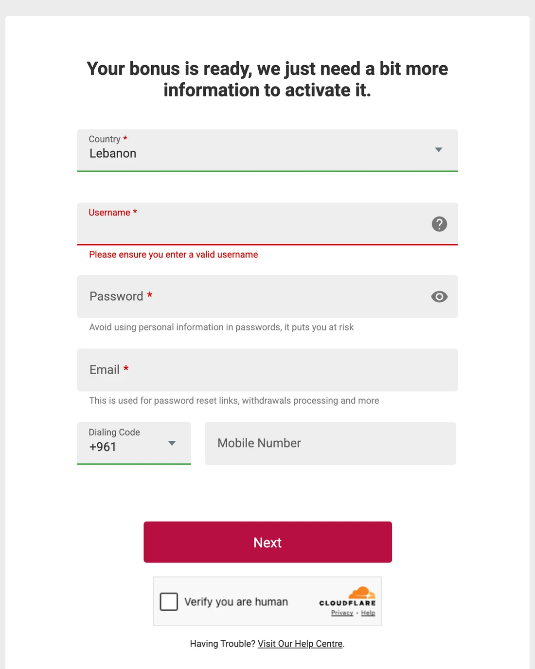 The Ruby Fortune registration form with Lebanon selected, opened from an internet connection in Beirut