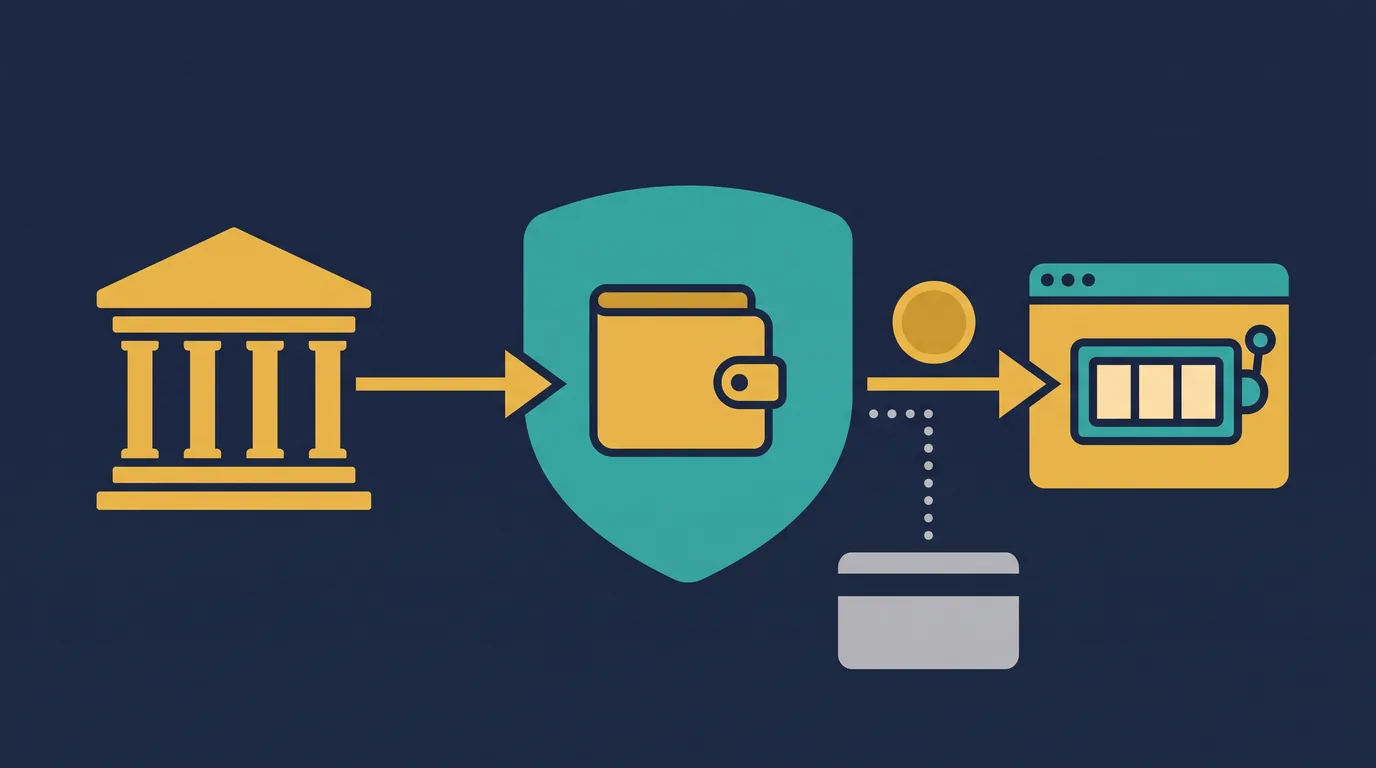 An e-wallet standing between a bank and an online casino, passing on the payment while the bank details stop at the wallet