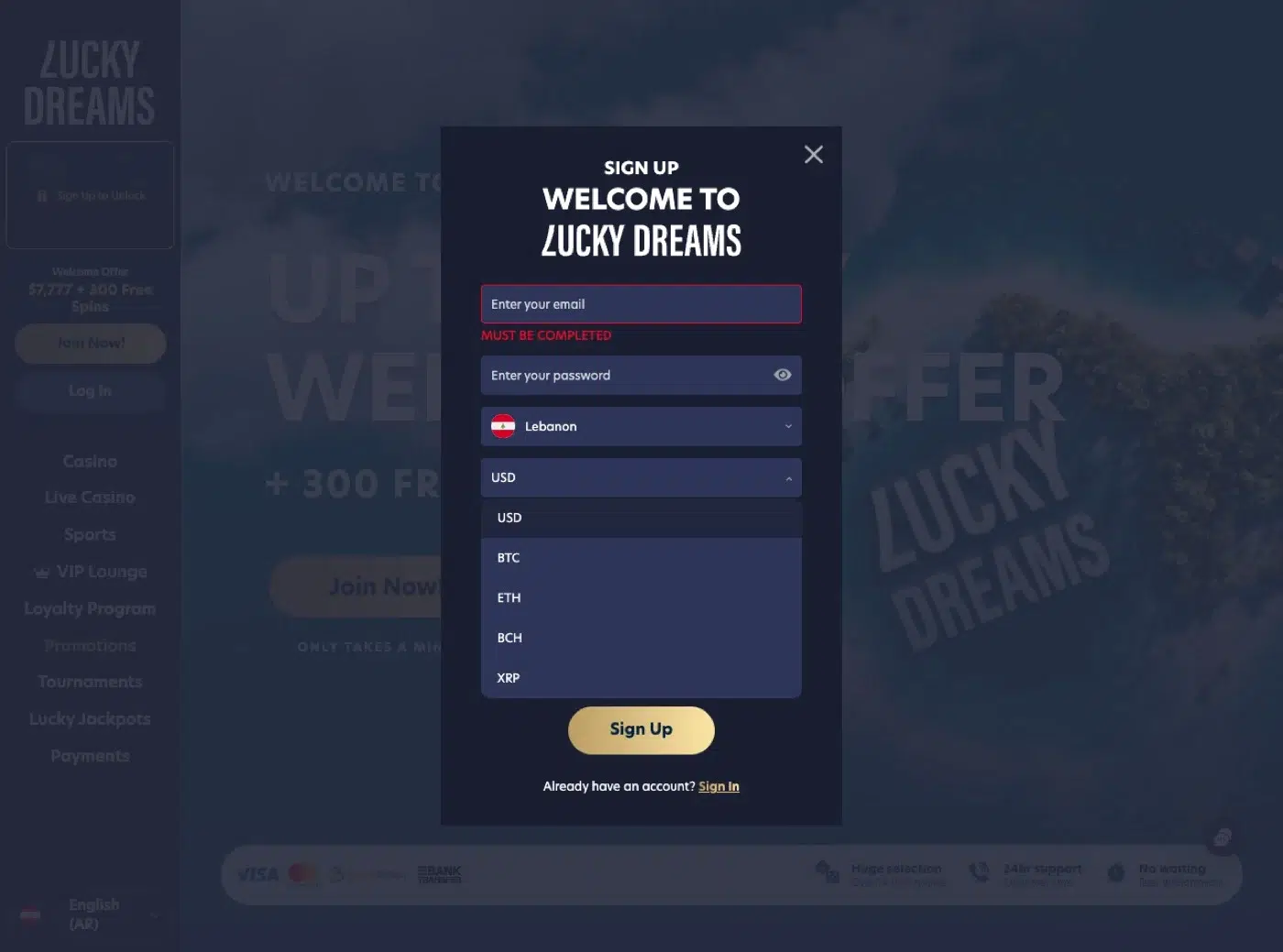 Lucky Dreams sign-up form opened from Beirut: Country pre-filled as Lebanon, currency dropdown showing USD, BTC, ETH, BCH and XRP