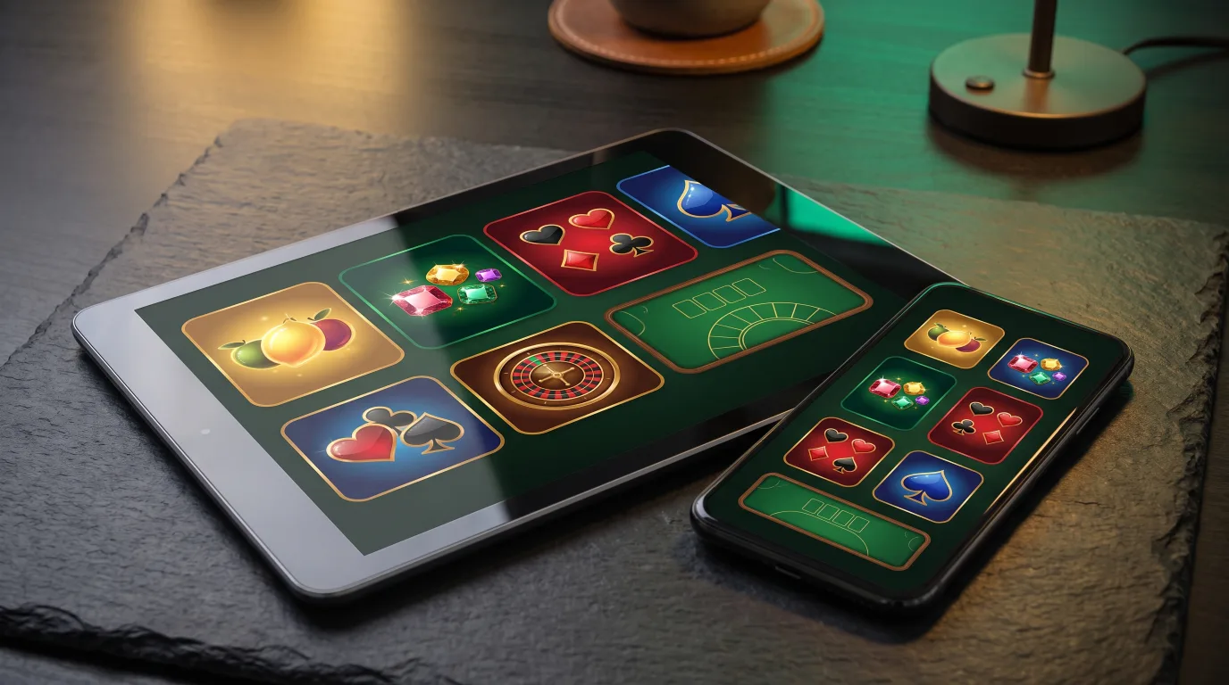Tablet and smartphone showing a grid of new online casino game tiles