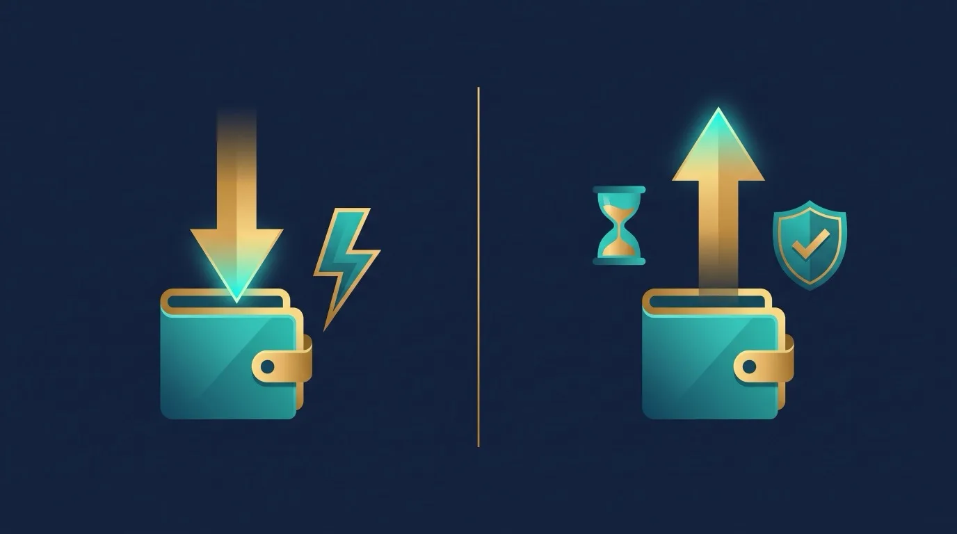 Illustration contrasting an instant deposit into a wallet with a withdrawal that waits on verification