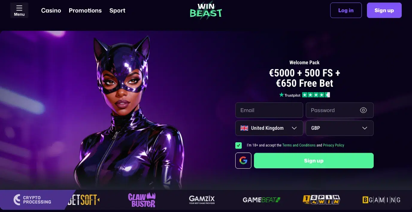 WinBeast casino lobby with the welcome pack and a United Kingdom / GBP registration form