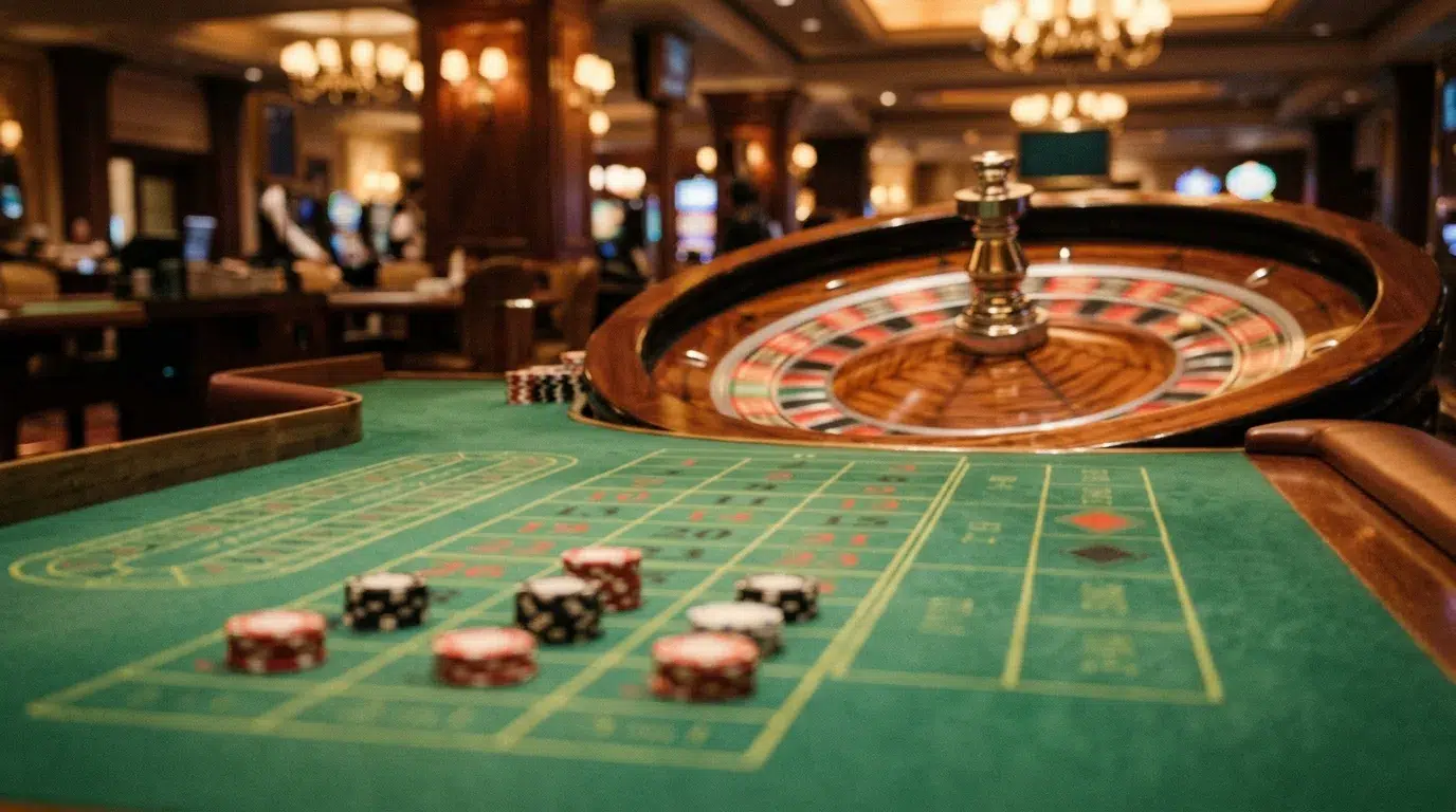Small stacks of casino chips on a green roulette layout with a spinning roulette wheel behind