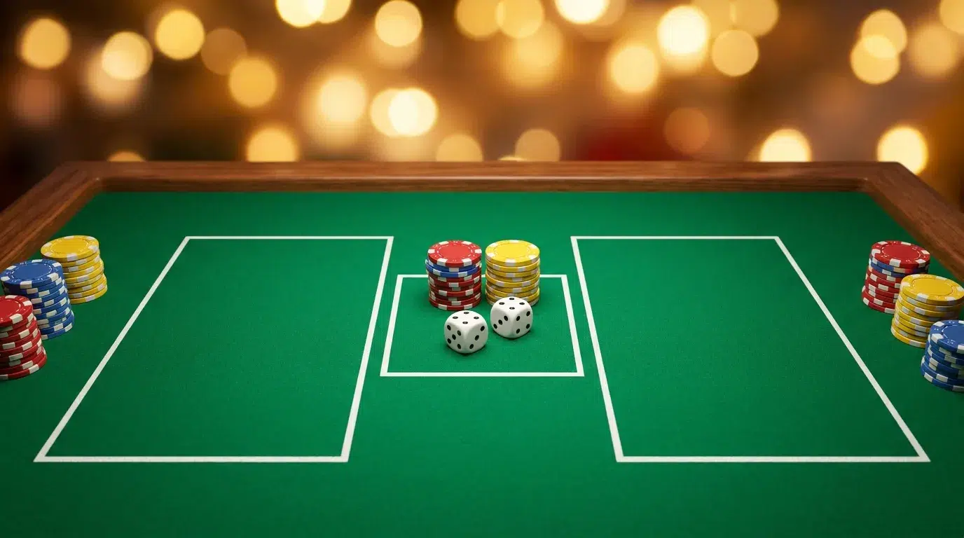 Two white dice on a green felt table with three betting zones and stacks of casino chips under warm festive lights