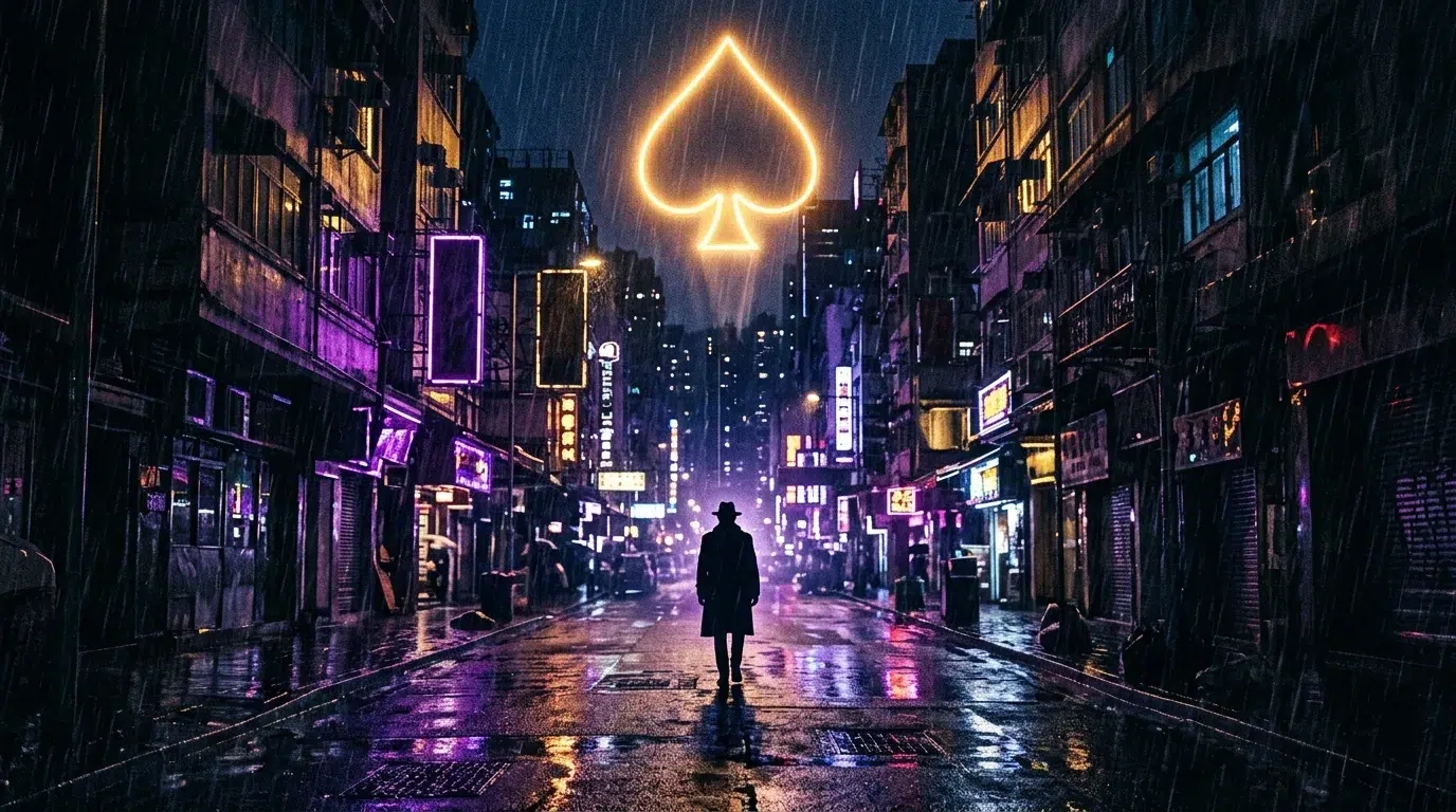 A silhouetted agent in a long coat on a rainy neon city street at night, a glowing golden ace of spades shape above the rooftops