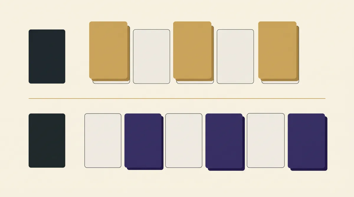 Two rows of plain cards after a dark middle card, the top row highlighting the first, third and fifth, the bottom row the second, fourth and sixth