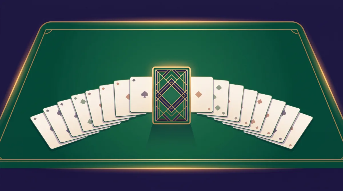 A card table seen from above with one upright card in the centre and two fans of plain cards spreading to the left and the right