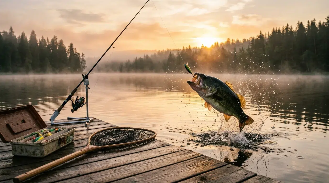 A large bass leaping from a misty lake at sunrise beside a wooden jetty with a fishing rod, landing net and tackle box