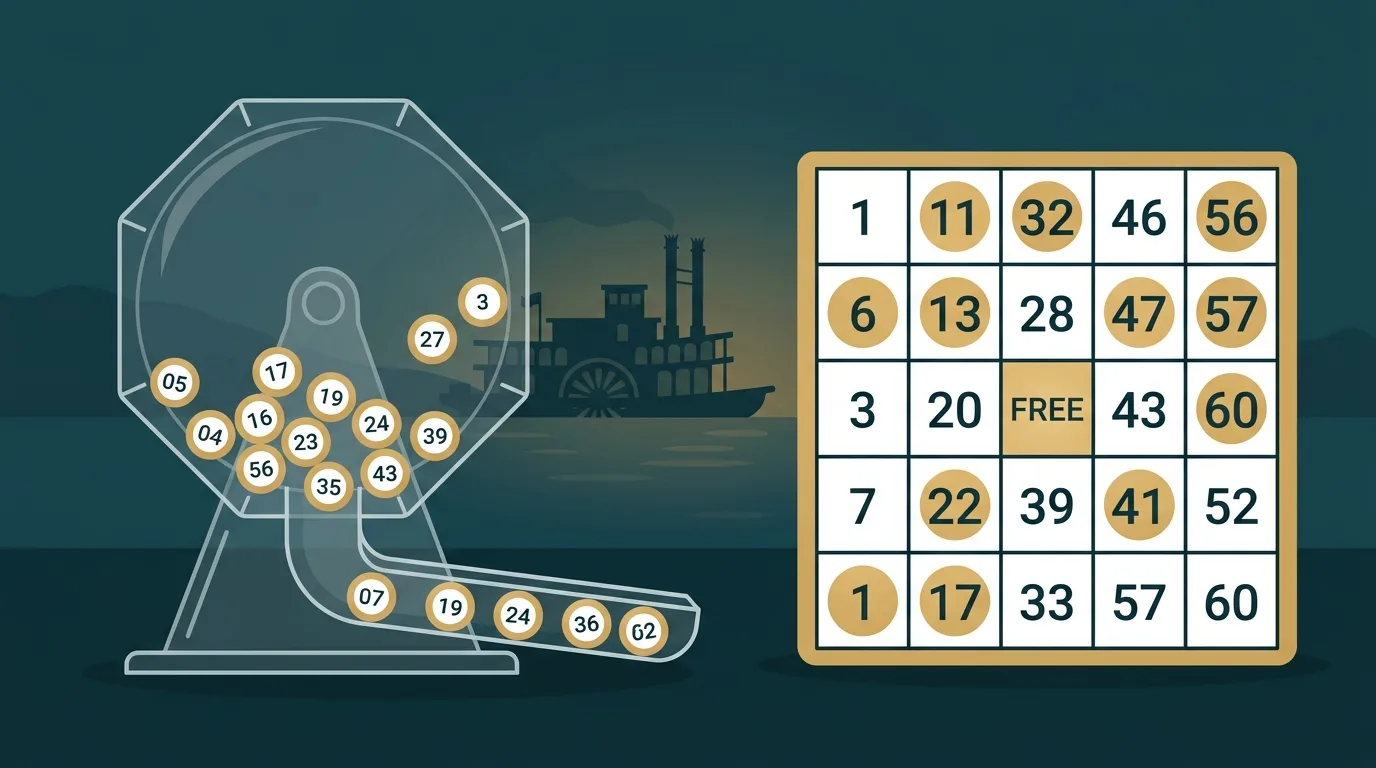 A ball-drawing machine with numbered balls beside a five by five bingo card with a free centre and several numbers daubed