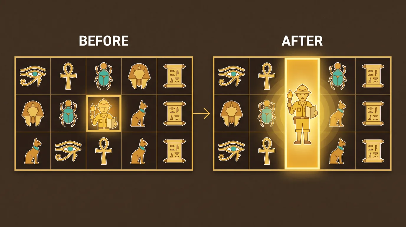 Before and after diagram showing a slot symbol expanding to fill an entire reel