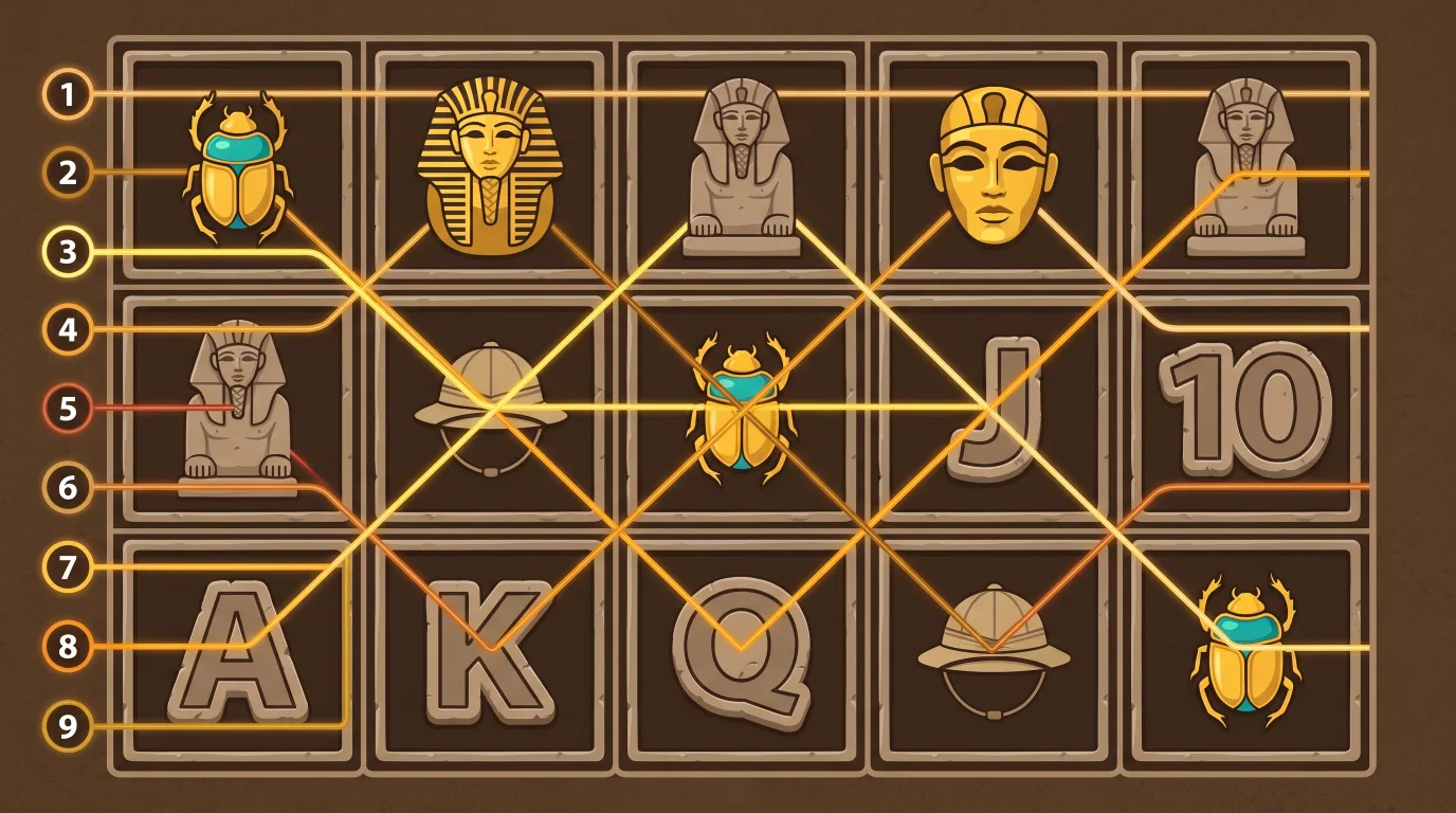 Diagram of nine win lines numbered 1 to 9 across a five-reel three-row Egyptian slot grid