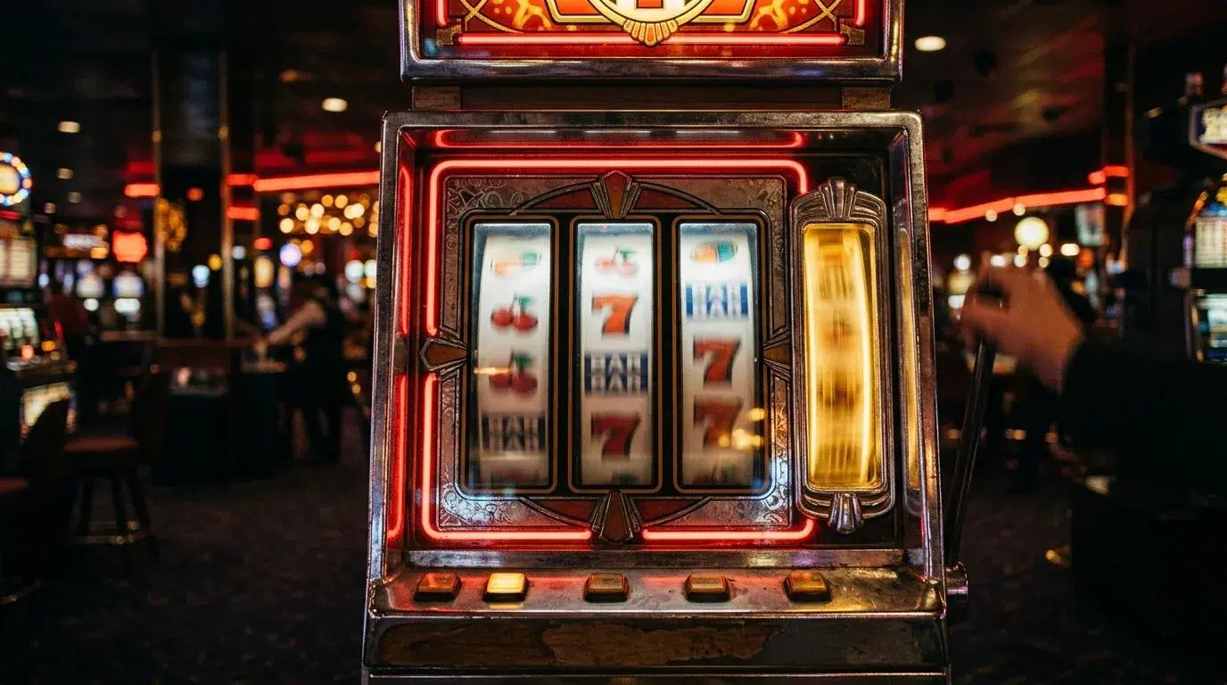 A vintage chrome slot cabinet with red neon trim, three reels showing sevens and a glowing gold fourth reel