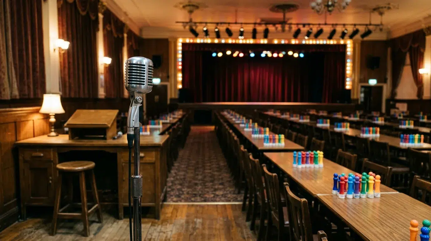 A vintage microphone on the caller’s desk in an empty traditional bingo hall, with dabber pens lined up on the tables