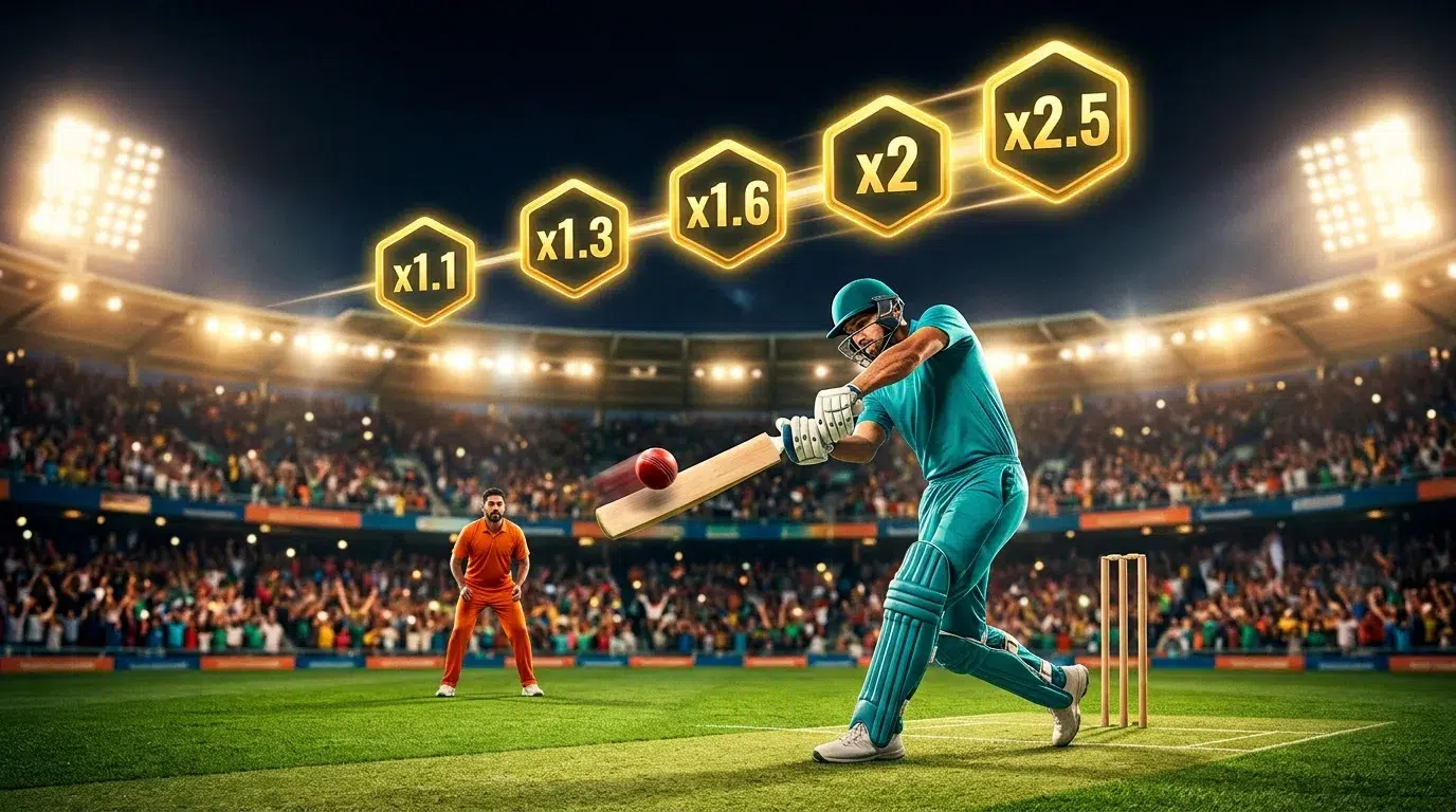 A batter in a teal kit hits a red ball under stadium floodlights while golden multiplier badges x1.1 to x2.5 rise above the pitch